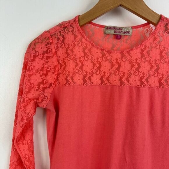 American Heritage Women’s XS Coral Pink Orange Mini Dress Long Sleeve Lace - Picture 11 of 13